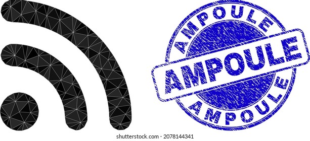 Lowpoly triangulated Wi-Fi internet icon illustration with Ampoule scratched seal imitation. Blue stamp seal includes Ampoule caption inside round shape. Wi-Fi internet icon is filled with triangles.