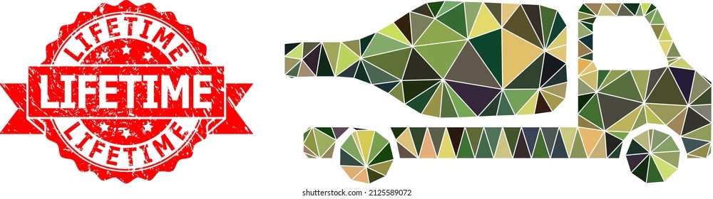 Low-Poly triangulated wine delivery military camouflage symbol illustration, and Lifetime textured seal. Red stamp includes Lifetime title inside ribbon.