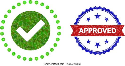 Lowpoly true area polygonal 2d illustration, and grunge bicolor rosette stamp imprint, in red and blue colors. Collage true area designed with chaotic filled triangles.