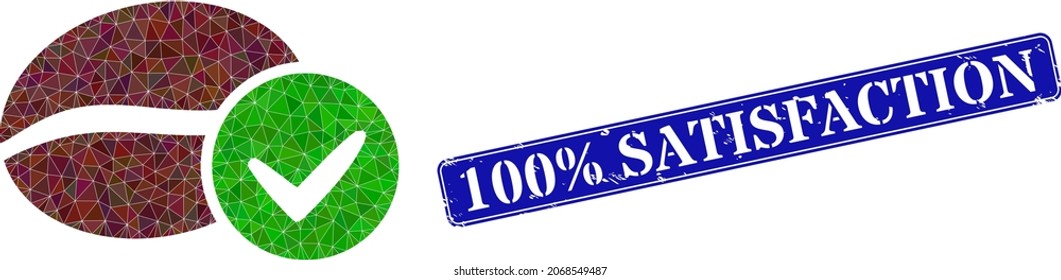 Low-poly true coffee constructed with chaotic filled triangles, and grunge 100 discount Satisfaction seal stamp.