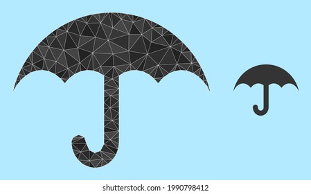 Low-poly umbrella icon on a light blue background. Polygonal umbrella vector constructed with random triangles. Triangulated umbrella polygonal icon illustration.
