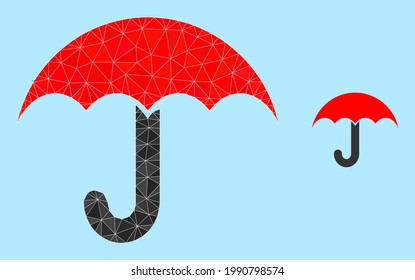 lowpoly umbrella icon on a sky blue background. Polygonal umbrella vector is combined from random triangles. Triangulated umbrella polygonal icon illustration.