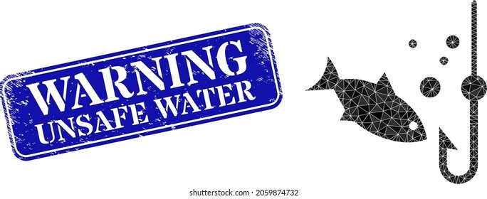 Low-poly underwater fishing constructed from randomized filled triangles, and grunge Warning Unsafe Water watermark.