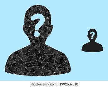 lowpoly unknown body icon on a sky blue background. Polygonal unknown body vector designed from random triangles. Triangulated unknown body polygonal icon illustration.