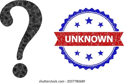 Lowpoly unknown polygonal symbol illustration, and grunge bicolor rosette seal stamp, in red and blue colors. Collage unknown is created of randomized color triangles.