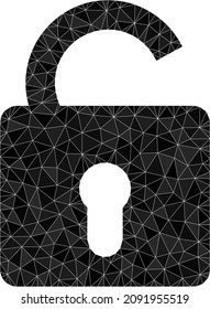Low-poly unlock icon illustration combined with random filled triangles. Triangulated unlock polygonal 2d vector illustration. Unlock icon is filled with triangles.