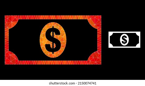 lowpoly usd banknote icon with flame vibrant gradient. Triangulated flame vibrant usd banknote polygonal symbol illustration. Polygonal usd banknote vector is designed from random vibrant triangles.