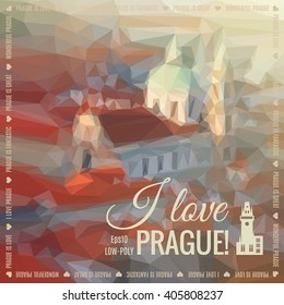 Low-poly vector background with roofs of Prague with St. Nicolas church. Space for your text. 