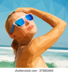 Low-poly vector beautiful girl on sea beach