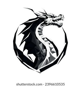 A low-poly vector flying dragon. A black and white polygonal dragon.  The symbol 2024 is an illustration of a geometric dragon. Logo.