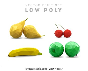 Low-poly vector fruits. Polygonal fruit set. Triangle polygonal abstract background. Symbol set. Organic fruit. Low polygon.