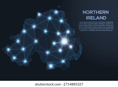 Mapa de vetor de baixo-poli da Irlanda do Norte com luzes brilhantes da cidade e densidade populacional ilustradas através de pontos e formas cósmicas.
