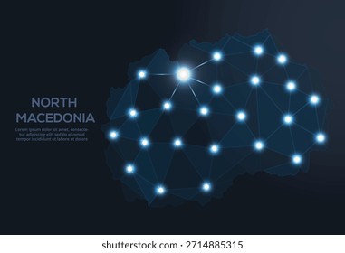 Mapa de Vector de baja poli del norte de Macedonia con luces brillantes de la ciudad y densidad de población ilustrada a través de puntos como estrellas y Formas cósmicas.