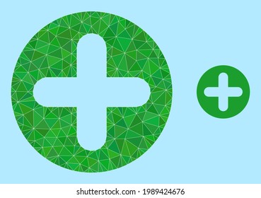 Low-poly veterinary plus icon on a sky blue background. Polygonal veterinary plus vector is filled of randomized triangles. Triangulated veterinary plus polygonal 2d illustration.