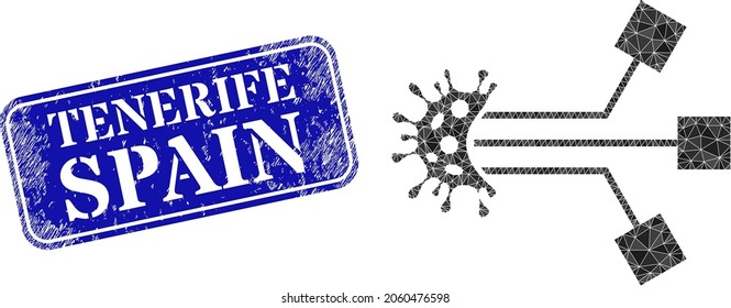 Low-poly virus electronics designed of chaotic filled triangles, and grunge Tenerife Spain seal stamp. Blue rounded framed rectangular seal includes Tenerife Spain title inside framed rectangle shape.