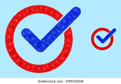 lowpoly vote tick icon on a sky blue background. Polygonal vote tick vector combined of random triangles. Triangulated vote tick polygonal 2d illustration.