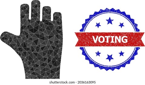 Lowpoly voting hand polygonal 2d illustration, and grunge bicolor rosette seal stamp, in red and blue colors. Collage voting hand is designed from chaotic colored triangles.