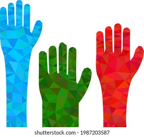 Low-poly voting hands constructed with random filled triangles. Triangle voting hands polygonal icon illustration. Voting Hands icon is filled with triangles.