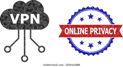 Low-poly VPN cloud polygonal icon illustration, and grunge bicolor rosette stamp, in red and blue colors. Collage VPN cloud is composed from randomized filled triangles.