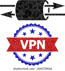 Ilustración de icono poligonal de tubo VPN de bajo polígono y sello de rosette bicolor de grano, en colores rojo y azul. Tubo VPN mosaico creado de triángulos de color dispersos.
