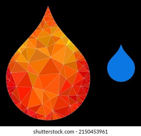 lowpoly water drop icon with flame colored gradient. Triangulated flame vibrant water drop polygonal icon illustration. Polygonal water drop vector combined with random colored triangles.