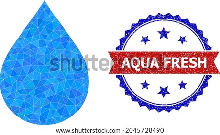 Low-poly water drop polygonal icon illustration, and grunge bicolor rosette seal stamp, in red and blue colors. Mosaic water drop designed of scattered filled triangles.