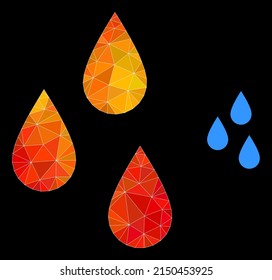 Low-poly water drops icon with flame colored gradient. Triangulated flame vibrant water drops polygonal symbol illustration. Polygonal water drops vector is combined with chaotic colored triangles.