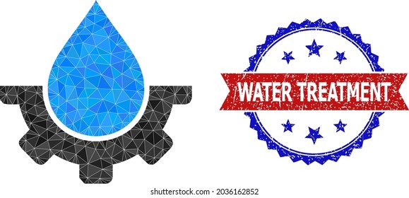 La industria del agua de bajo caucho, la ilustración poligonal 2d, y la placa de rosette bicolor, en colores rojo y azul. La industria del agua de collage está diseñada con triángulos de colores caóticos.