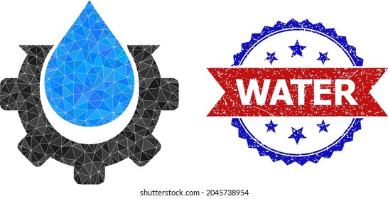Lowpoly water production polygonal 2d illustration, and grunge bicolor rosette seal stamp, in red and blue colors. Collage water production designed with randomized filled triangles.