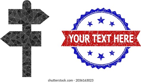 Low-poly way pointer polygonal icon illustration, and grunge bicolor rosette stamp, in red and blue colors. Mosaic way pointer composed from chaotic colored triangles.