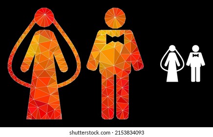 Low-poly weds persons icon with orange vibrant gradient. Triangulated orange colorful weds persons polygonal icon illustration. Polygonal weds persons vector combined with scattered vibrant triangles.