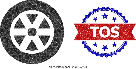 Low-Poly-Wheel-Icon-Illustration und Grunge-Bicolor-Rosette-Button in Rot und Blau. Collage Rad erstellt mit chaotischen gefärbten Dreiecken. Rosette Wasserzeichen verwendet rote und blaue Farben.