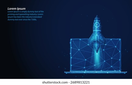 Lanzamiento de un cohete de estructura de alambre de baja poli desde una pantalla de computadora portátil, innovación, tecnología y crecimiento de empresas emergentes. Ilustración digital futurista sobre un fondo azul oscuro que representa el progreso y la creatividad.