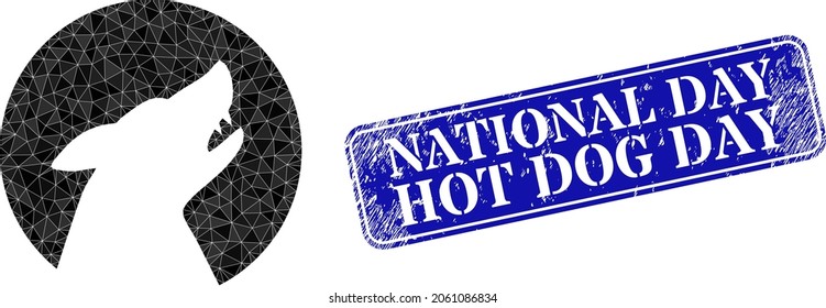 Low-poly wolf constructed with randomized filled triangles, and grunge National Day Hot Dog Day seal stamp.