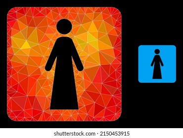 lowpoly woman icon with fire vibrant gradient. Triangulated orange vibrant woman polygonal icon illustration. Polygonal woman vector is constructed with random vibrant triangles.