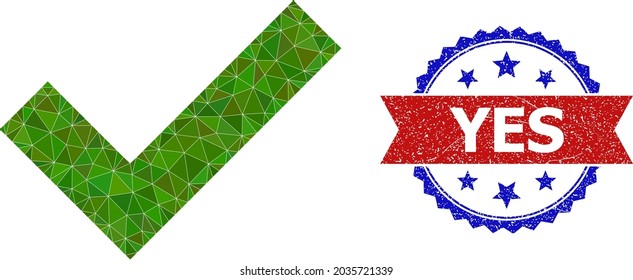 Low-poly yes tick polygonal 2d illustration, and grunge bicolor rosette stamp imprint, in red and blue colors. Mosaic yes tick designed with chaotic colored triangles.
