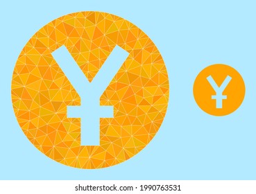 Low-poly yuan coin icon on a sky blue background. Polygonal yuan coin vector filled with scattered triangles. Triangulated yuan coin polygonal symbol illustration.