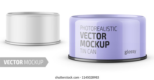 Low-profile Glossy Tuna Can With Label On White Background. Photo-realistic Packaging Vector Mockup Template With Sample Design. Vector 3d Illustration.