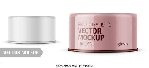 Low-profile glossy tuna can with label on white background. Photo-realistic packaging vector mockup template with sample design. Vector 3d illustration.