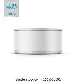 Low-profile Glossy Tuna Can With Label On White Background. Photo-realistic Packaging Vector Mockup Template. Vector 3d Illustration.