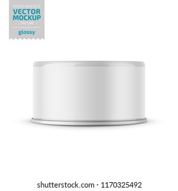 Low-profile glossy tuna can with label on white background. Photo-realistic packaging vector mockup template. Vector 3d illustration.