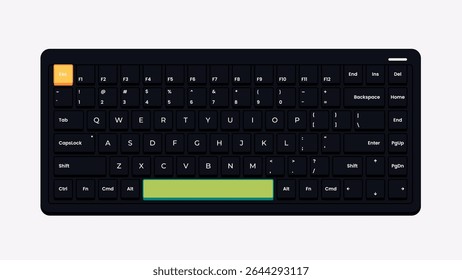 Low-profile сomputer keyboard. Vector illustration. Modern design. Suitable for tech, office, UI elements, digital devices, and workspace concepts. Compact without a numeric keypad. Black color.