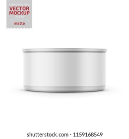 Low-profile Matte Tuna Can With Label On White Background. Photo-realistic Packaging Vector Mockup Template. Vector 3d Illustration.