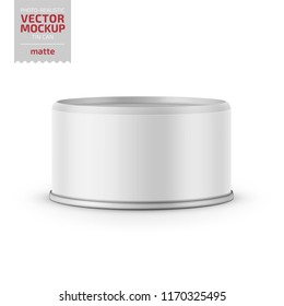 Low-profile Matte Tuna Can With Label On White Background. Photo-realistic Packaging Vector Mockup Template. Vector 3d Illustration.