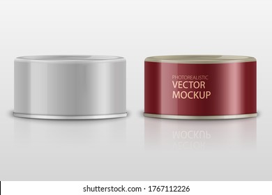 lata de atún mate de bajo perfil con etiqueta sobre fondo blanco. Plantilla de simulación de vector de empaquetado fotorealista con diseño de ejemplo. Ilustración vectorial 3d.