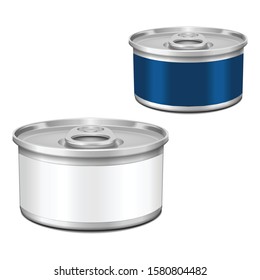 Low-profile tin can with opener. Packaging template. Vector illustration example on white background for your design