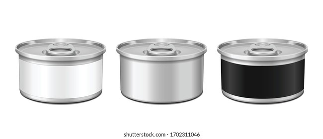 Low-profile tin can with opener. Packaging template. Vector realistic illustration for your design