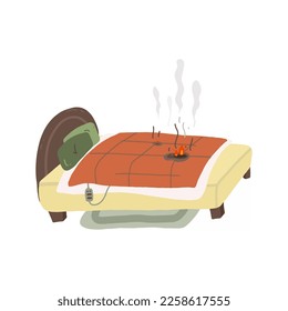 Low-quality dangerous warming blanket. Electric blanket fire on bed. Isolated vector image.