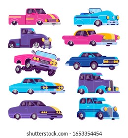 Lowrider auto retro car vector illustration. Set of colorful automobiles vehicle isolated on white background.. Flat design of classic lowrider cartoon machines.