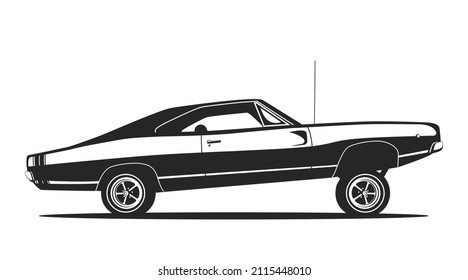 Lowrider car black and white club logo design or t shirt print template. Low rider auto vector illustration.